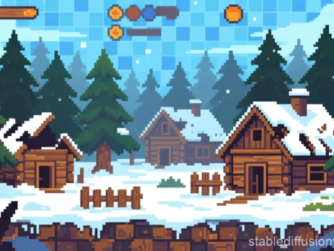 Pixel Art Snowy Forest Village Scene