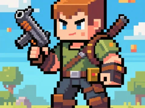 Pixel Art Soldier Character with Gun in Outdoor Setting