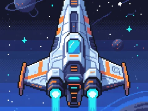 Pixel Art Space Ship Launching in Outer Space
