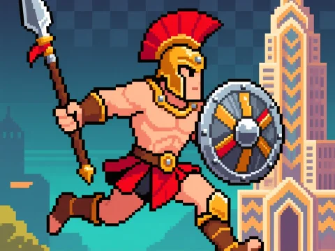 Pixel Art Spartan Warrior Running with Spear and Shield