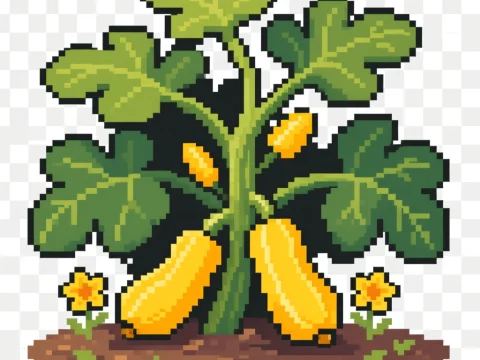 Pixel Art Squash Plant with Yellow Squash and Flowers