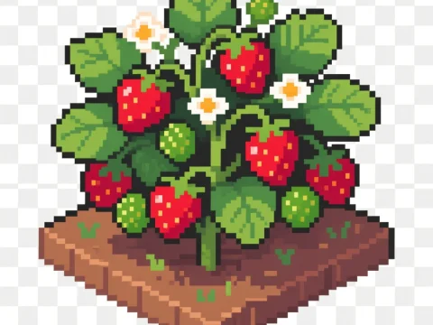 Pixel Art Strawberry Plant with Fruits and Flowers