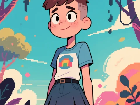 Pixel Art Style Character with Crew Cut and Rainbow Shirt