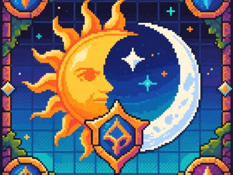 Pixel Art Sun and Crescent Moon Emblem