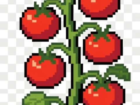 Pixel Art Tomato Plant with Ripe Red Tomatoes
