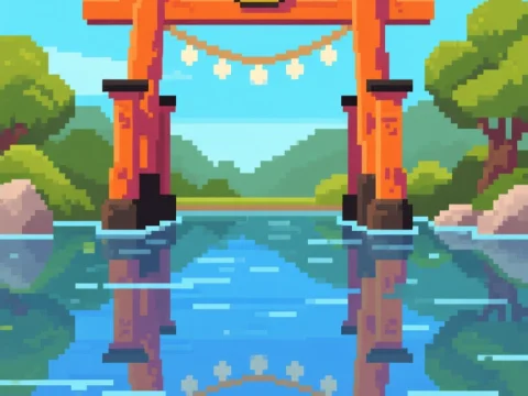 Pixel Art Torii Gate with Reflection in Water