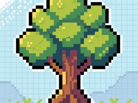 Pixel Art Tree Sprite with Green Foliage