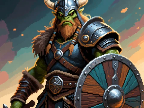 Pixel Art Viking Orc Warrior with Shield and Axe