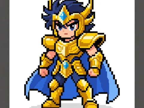 Pixel Art Warrior in Golden Armor with Blue Cape