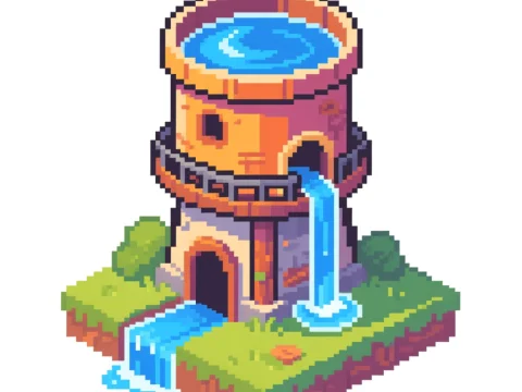 Pixel Art Water Tower with Flowing Water