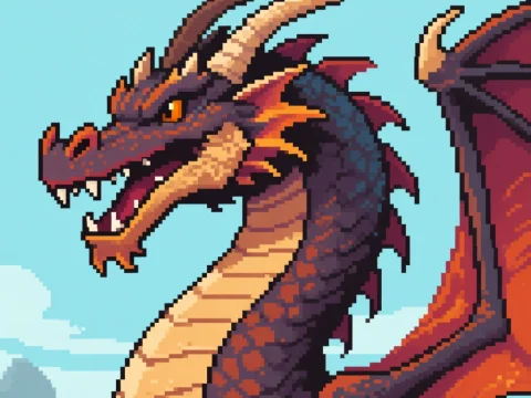 Pixel Art Western Dragon Head with Fiery Details