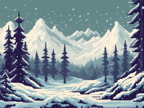 Pixel Art Winter Mountain Landscape with Snowfall