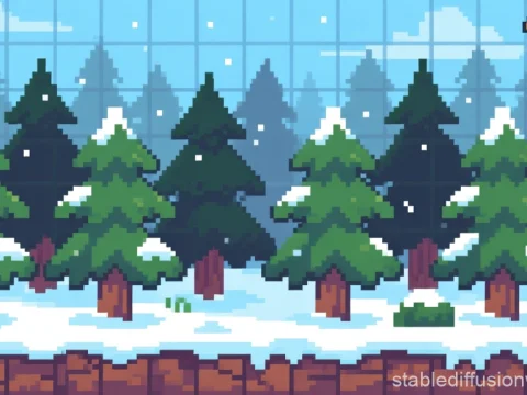 Pixel Art Winter Spruce Forest Landscape