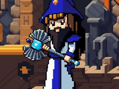 Pixel Art Wizard Character Holding a Magical Staff