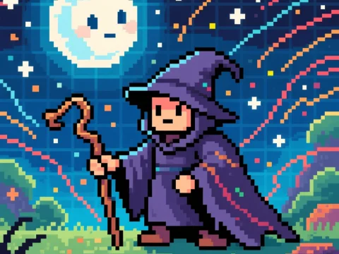 Pixel Art Wizard Under a Starry Night Sky
