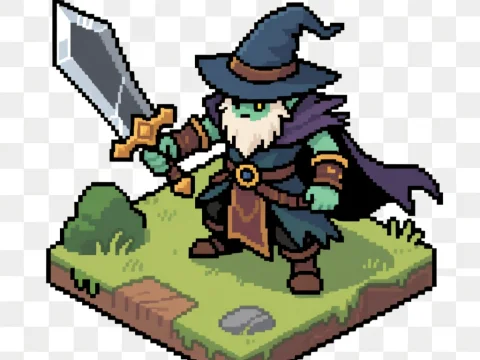 Pixel Art Wizard Warrior with Sword on Grass Tile