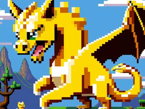 Pixel Art Yellow Dragon in Retro Video Game Style