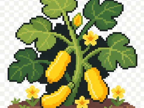 Pixel Art Yellow Squash Plant with Blossoms