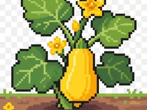 Pixel Art Yellow Squash Plant with Flowers