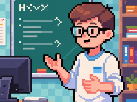 Pixel Art Young Programmer Explaining Code