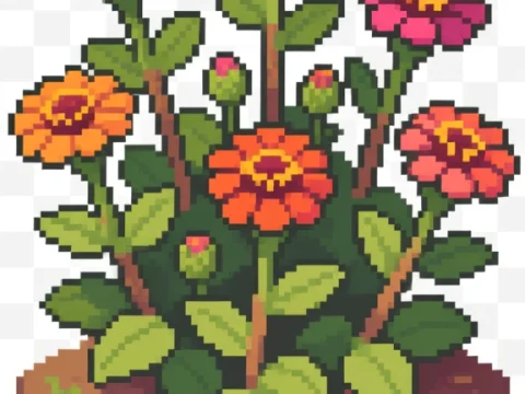 Pixel Art Zinnia Flower Clump