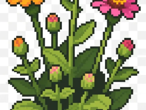 Pixel Art Zinnia Flower Clump