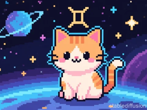 Pixel Art Zodiac Kitten with Gemini Symbol in Space