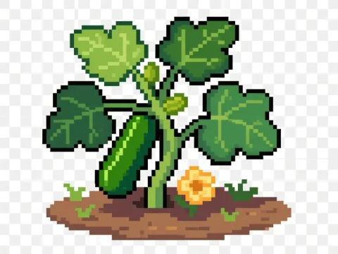 Pixel Art Zucchini Plant with Fruit and Flower