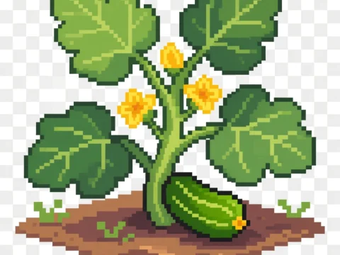 Pixel Art Zucchini Plant with Leaves and Flowers