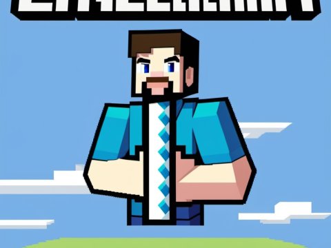 Pixelated Minecraft Character with Blocky Landscape
