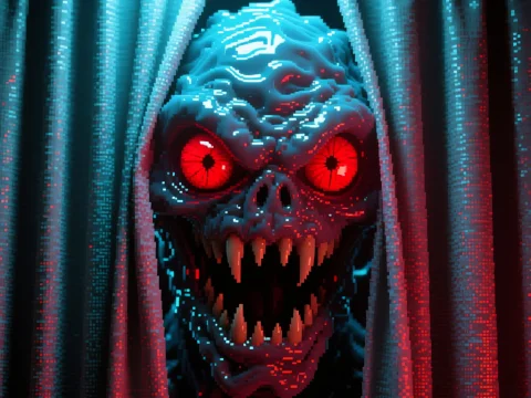 Pixelated Monster with Glowing Red Eyes Behind Curtains