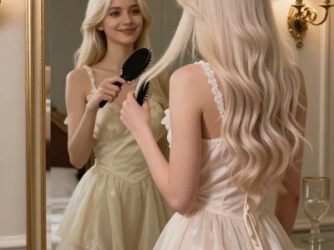 Platinum Blonde Woman Brushing Hair in Elegant Room