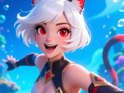 Playful Anime Cat-Eared Girl with White Hair and Red Eyes