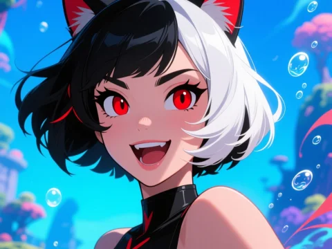 Playful Anime Woman with Cat Ears and Two-Tone Hair