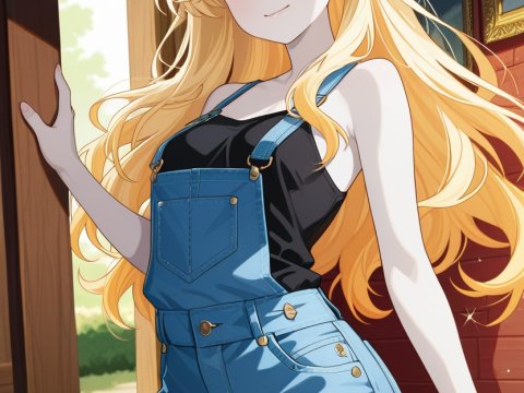 Playful Blonde Girl in Denim Overalls