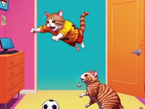 Playful Cats in a Colorful Room Kicking Soccer Balls
