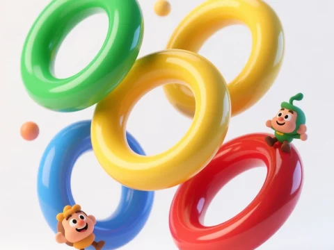 Playful Characters with Floating Colorful Hoops