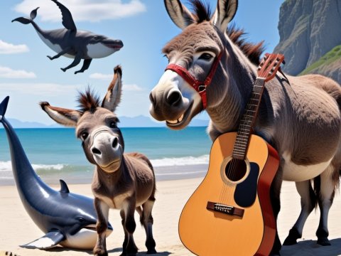 Playful Donkeys and Whales on a Sunny Beach with Guitars