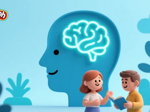 Playful Mind Exploration Illustration with Characters and Brain Icon