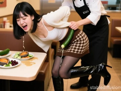 Playful Moment Between Young Woman and Chef in Restaurant