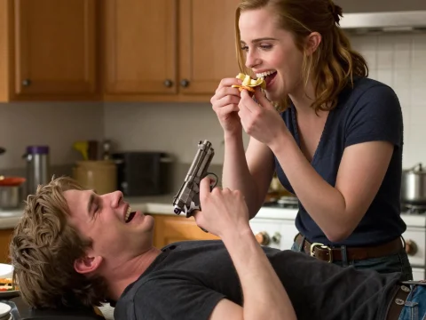 Playful Moment in Kitchen with Couple and Toy Gun