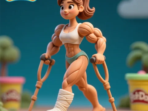 Playful Muscular Woman with Plaster Using Crutches in Play-Doh Style