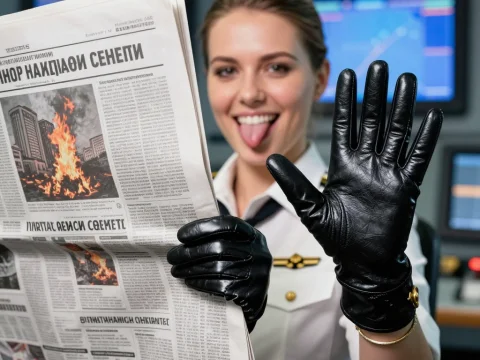 Playful Officer Holding Newspaper with Black Leather Gloves