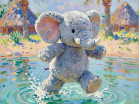 Playful Plush Elephant Splashing in Tropical Water