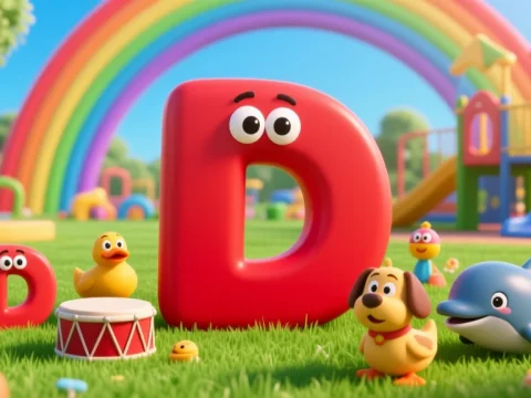Playful Red Letter D with Cartoon Animals in Colorful Playground