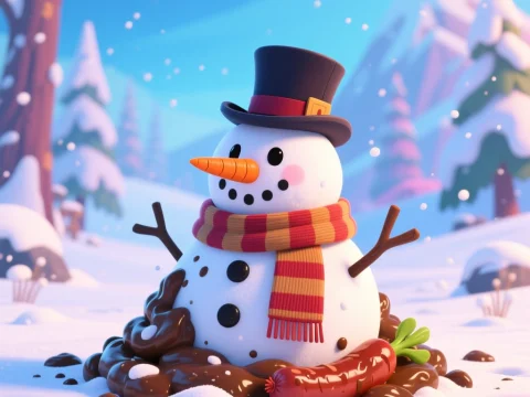 Playful Snowman Surrounded by Mud and Sausage in Winter Scene