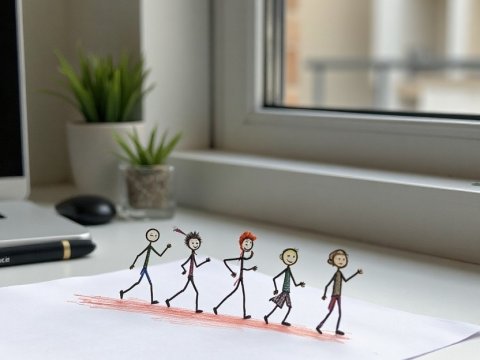 Playful Stick Figure Drawing on Paper by Window