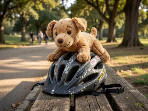 Plush Puppy on Bicycle Helmet
