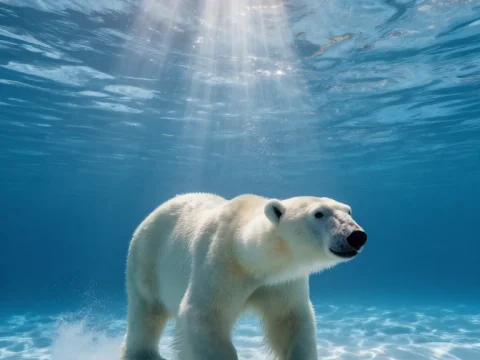 Polar Bear Walking Underwater with Sunlight Rays