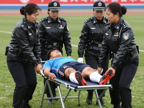 Police Officers Carrying Injured Soccer Player on Stretcher